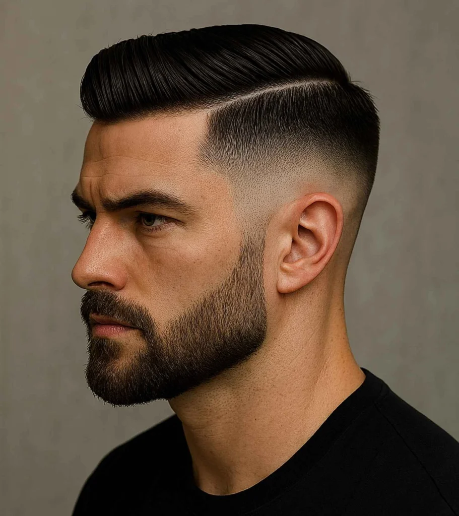 Side Part Skin Fade with Thick Hard Part and Blended Beard