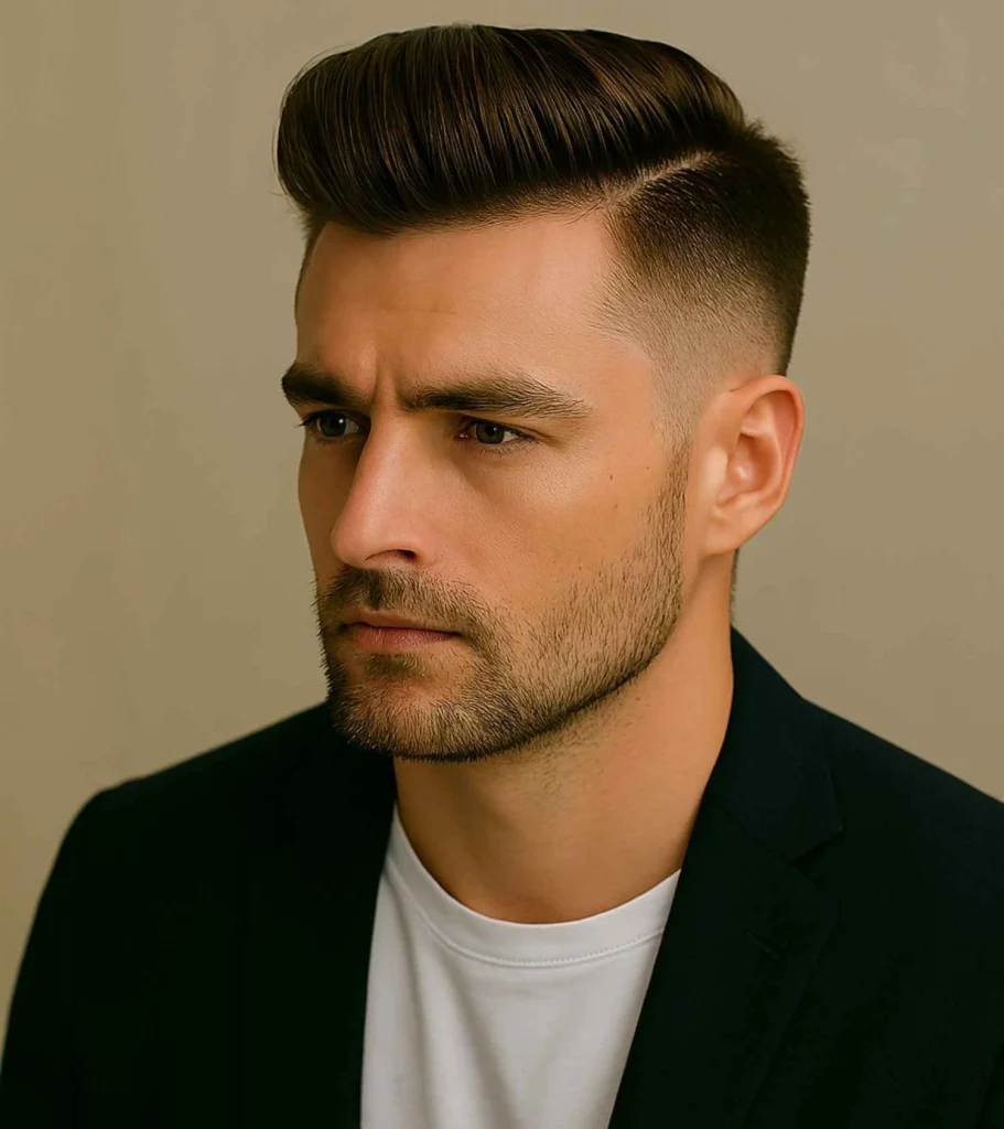 Straight Smooth Quiff with Mid Skin Fade