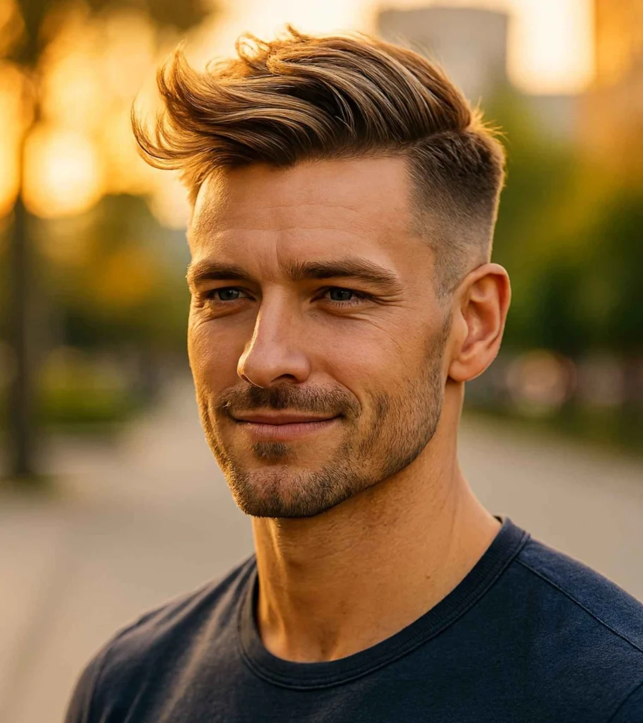 Side Swept Hair with Mid Taper Fade
