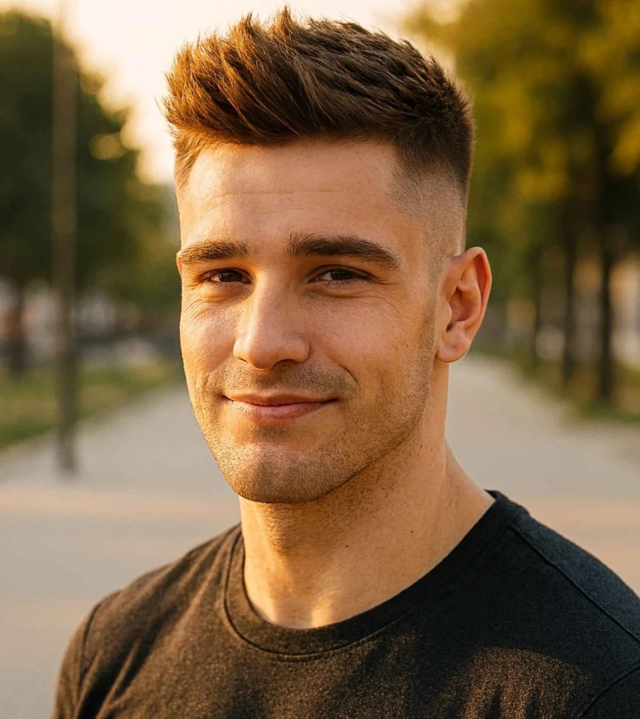 Thick Textured Crop Fade with Brushed Up Fringe