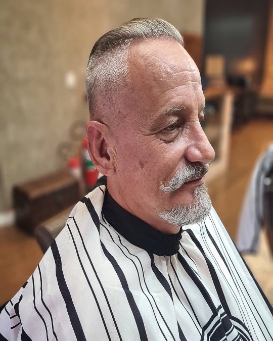 Three-Quarter View: Combed Gray Hair + Pointed Chin