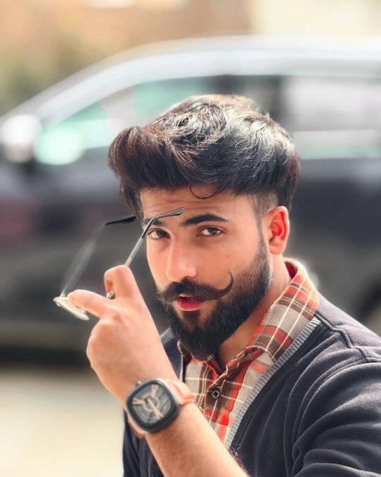 Curled Mustache + Full Beard Fade