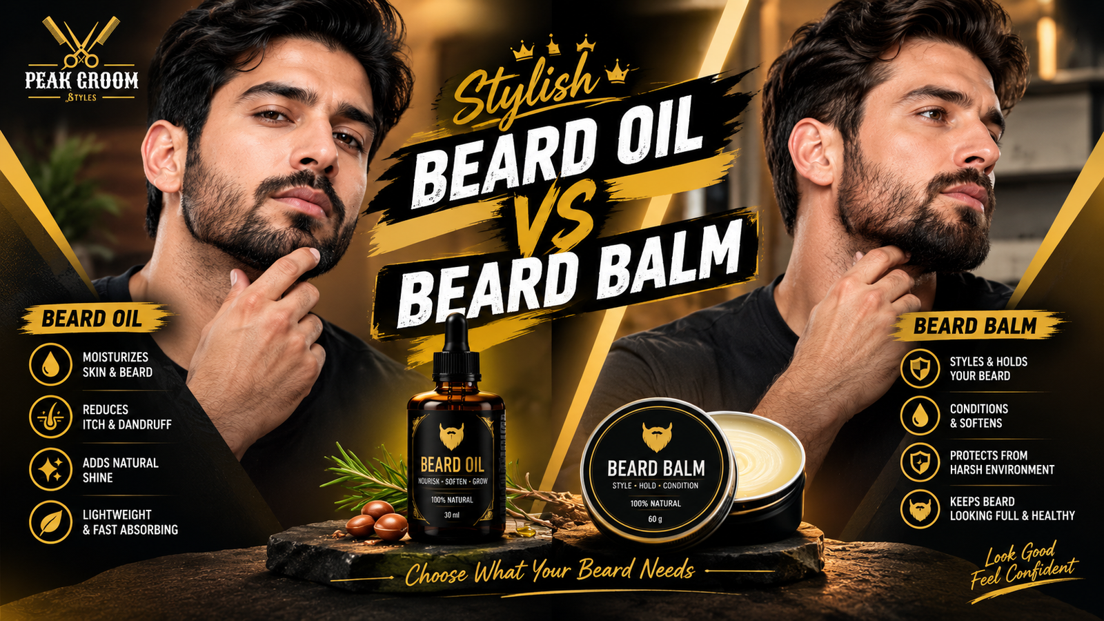 Beard oil vs beard balm comparison graphic with two bearded men, a beard oil dropper bottle, and a beard balm tin