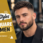 Beard styles for square face men featuring short boxed beard and full beard looks for a sharp, masculine appearance.