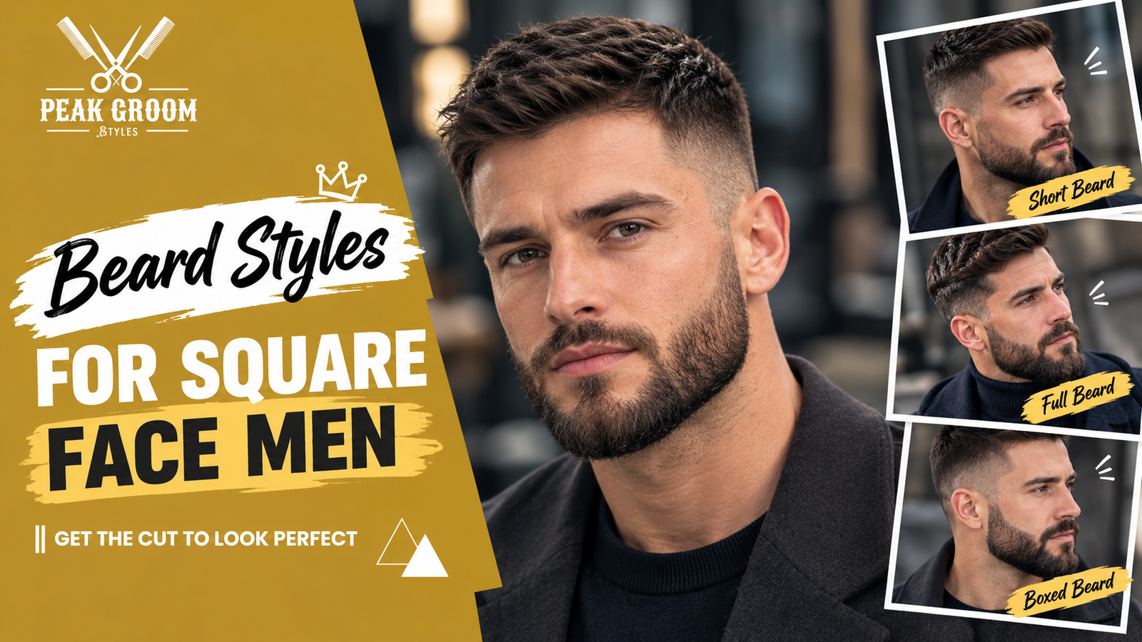Beard styles for square face men featuring short boxed beard and full beard looks for a sharp, masculine appearance.
