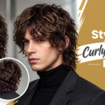 Stylish curly wolf cut for men with layered, wavy hair, textured bangs, and a longer back.