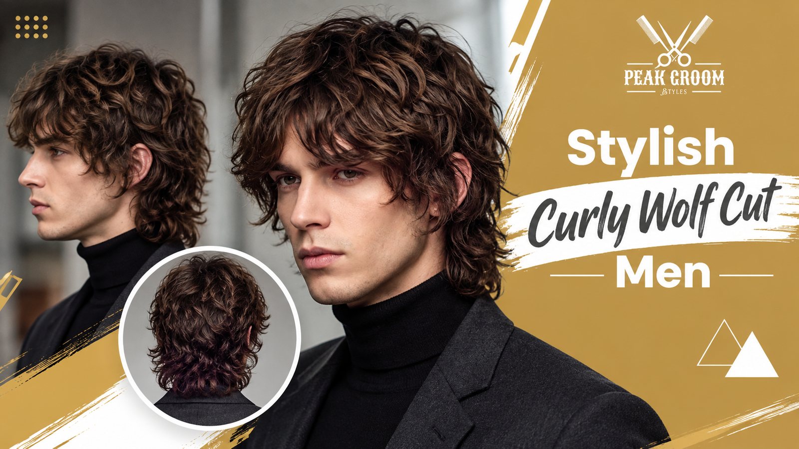Stylish curly wolf cut for men with layered, wavy hair, textured bangs, and a longer back.