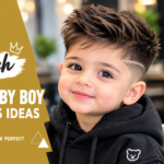 Baby boy haircuts featured image showing a smiling toddler with a textured top and faded sides, with side, top, and back views