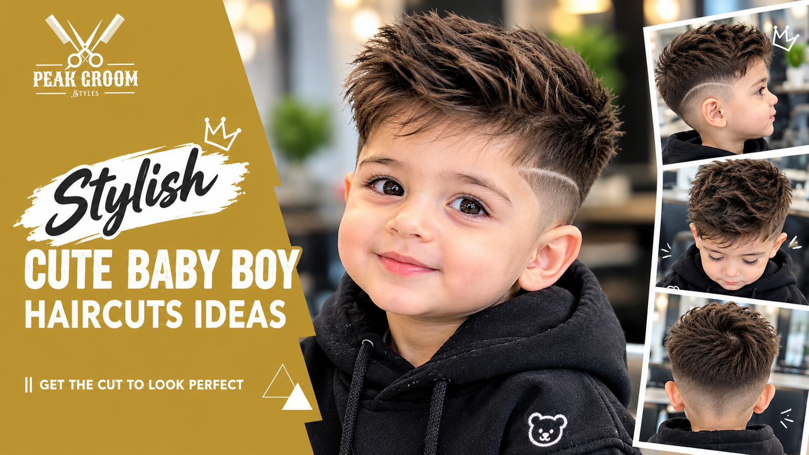 Baby boy haircuts featured image showing a smiling toddler with a textured top and faded sides, with side, top, and back views