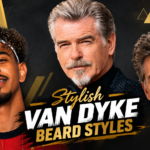 Three men showing stylish van dyke beard styles with curled mustaches, pointed chin patches, and gray facial hair