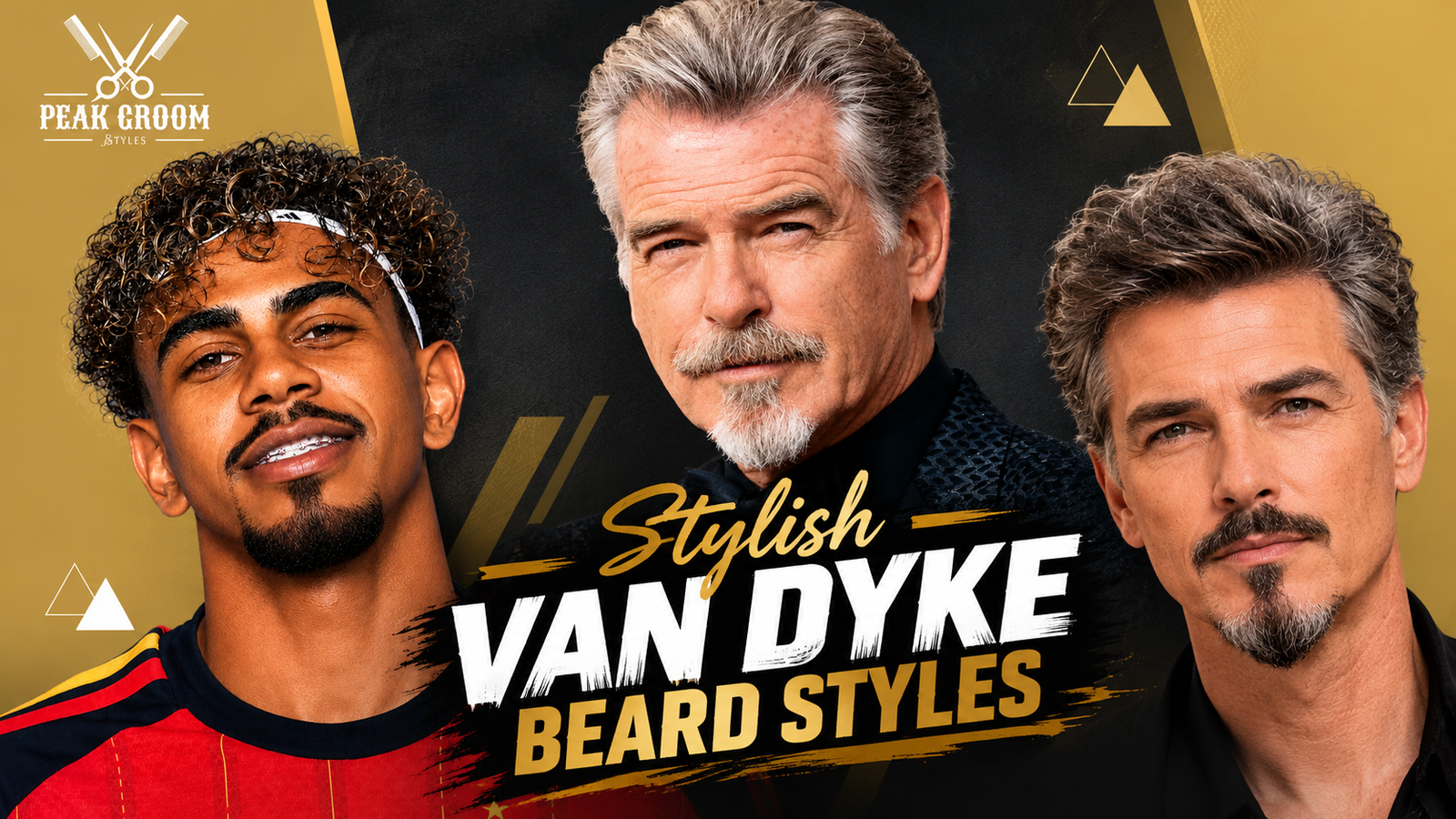 Three men showing stylish van dyke beard styles with curled mustaches, pointed chin patches, and gray facial hair