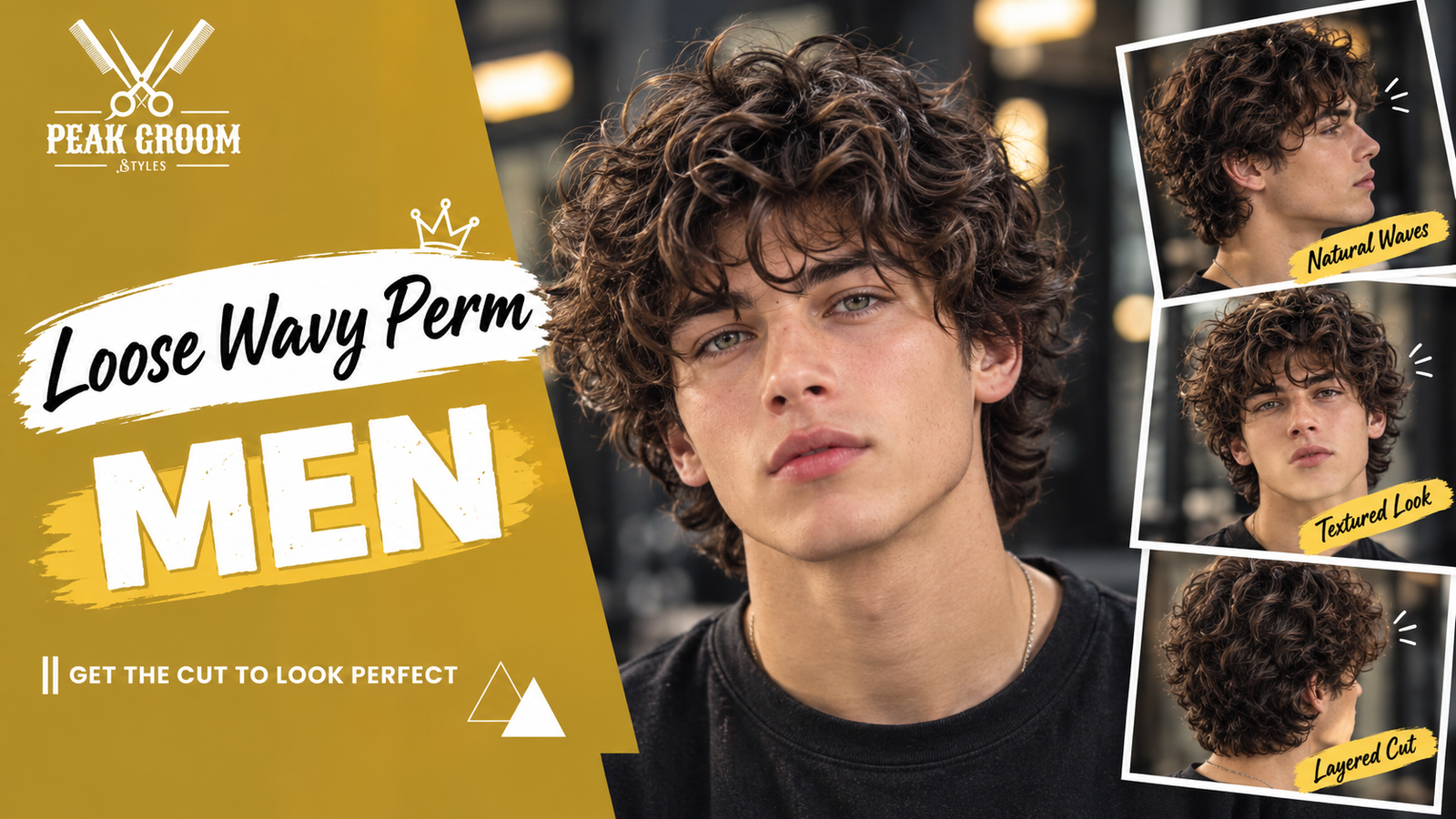 Loose wavy perm hairstyle for men with natural-looking curls, textured volume, and a modern low taper fade.