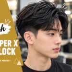 Stylish low taper x two block haircut for men featuring textured black hair, a soft fringe, clean tapered sides, and modern Korean-inspired hairstyle ideas by Peak Groom.