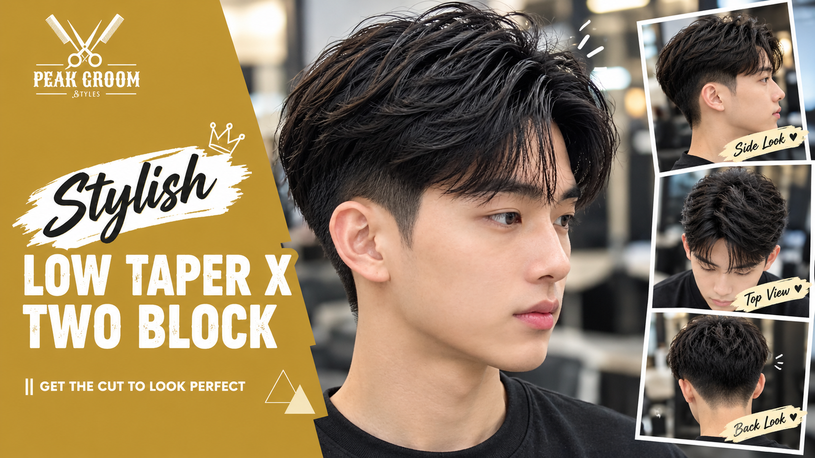 Stylish low taper x two block haircut for men featuring textured black hair, a soft fringe, clean tapered sides, and modern Korean-inspired hairstyle ideas by Peak Groom.