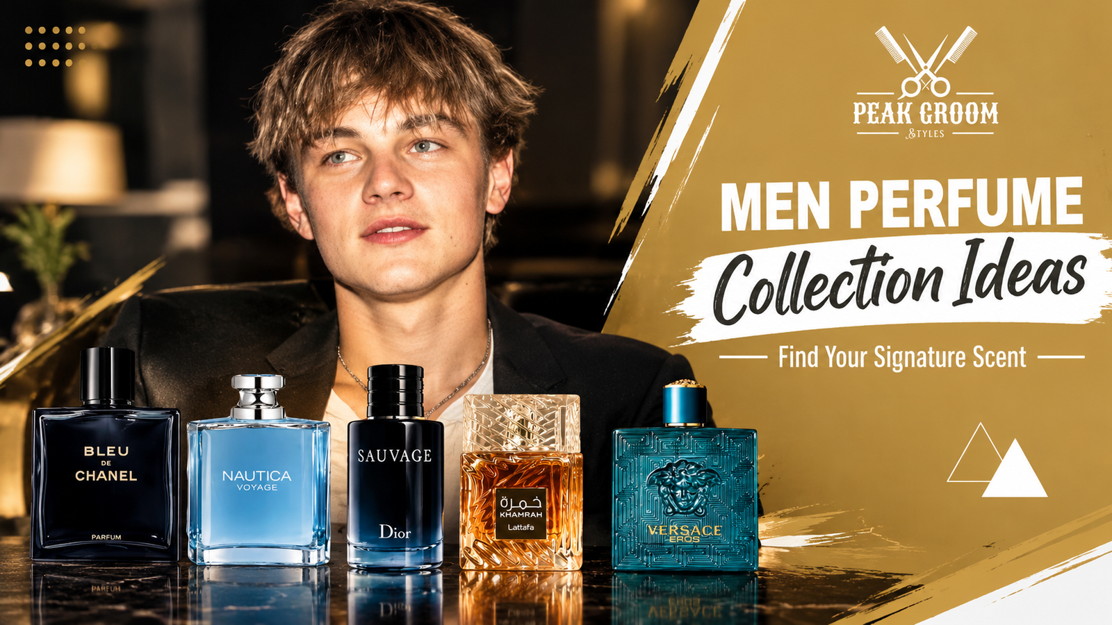 Men perfume collection ideas featuring Bleu de Chanel, Dior Sauvage, Nautica Voyage, Lattafa Khamrah, and Versace Eros.