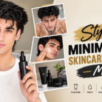 Stylish minimalist skincare routine for men featuring a man applying face cream and holding a serum bottle, with skincare products and daily grooming essentials in a beige and gold Peak Groom Styles design.