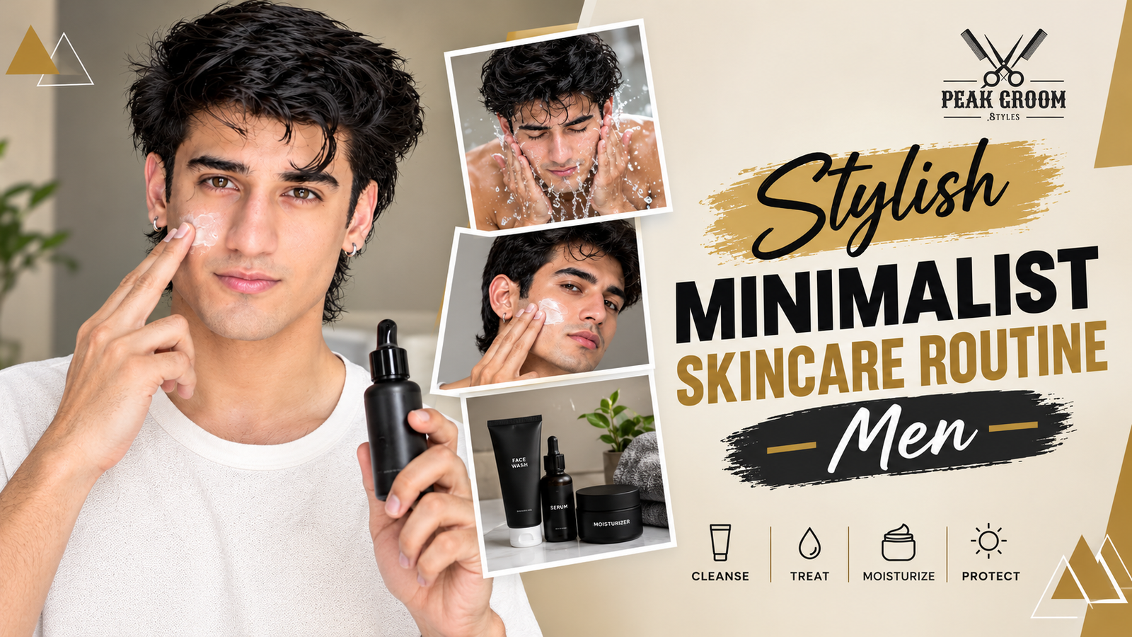 Stylish minimalist skincare routine for men featuring a man applying face cream and holding a serum bottle, with skincare products and daily grooming essentials in a beige and gold Peak Groom Styles design.