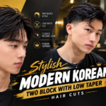 Modern Korean two block haircut with low taper fade, textured black hair, and stylish layered fringe for men.