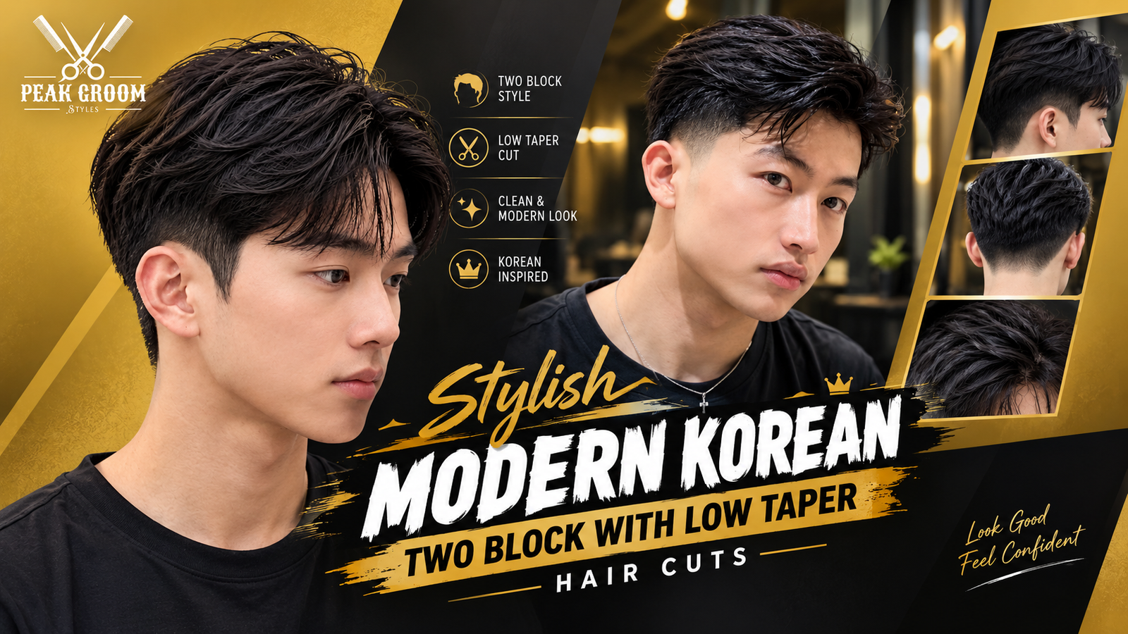 Modern Korean two block haircut with low taper fade, textured black hair, and stylish layered fringe for men.