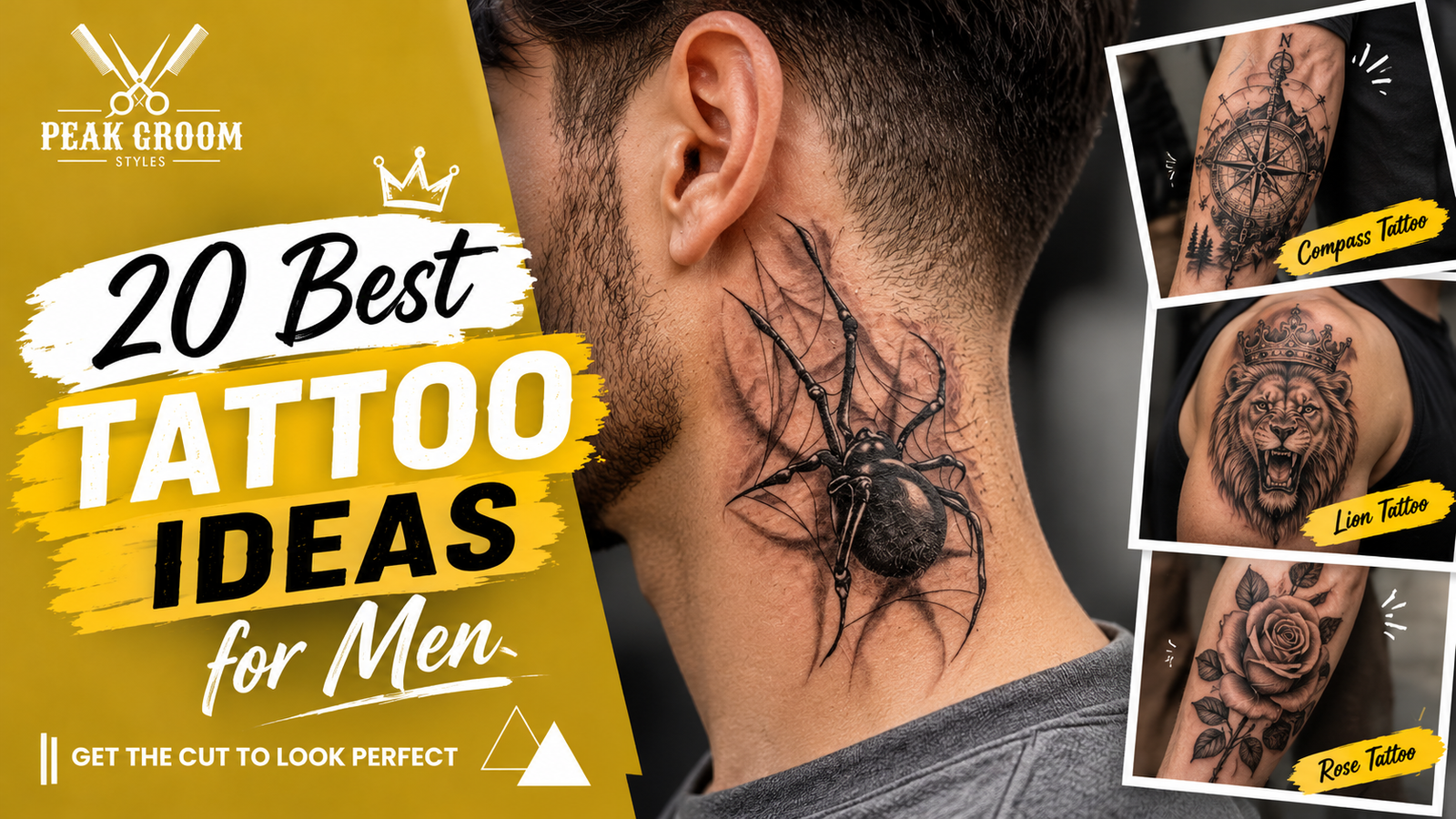 20 best tattoo ideas for men featuring creative black ink designs, detailed arm tattoos, minimalist geometric artwork, and a bold realistic spider neck tattoo.