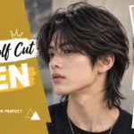 Soft wolf cut hairstyle for men featuring layered dark hair, textured volume, feathered ends, and stylish curtain bangs, shown from front, side, and back views.