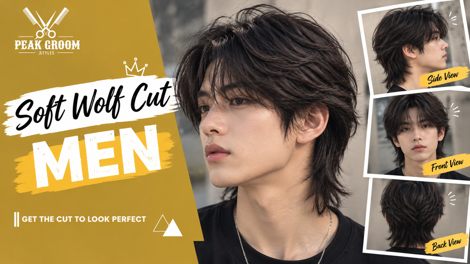 Soft wolf cut hairstyle for men featuring layered dark hair, textured volume, feathered ends, and stylish curtain bangs, shown from front, side, and back views.