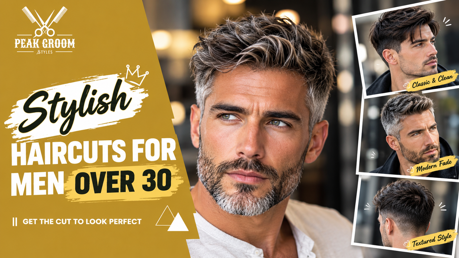 Stylish haircuts for men over 30 featuring textured salt-and-pepper hair, modern fade sides, and a neatly groomed beard for a confident, timeless look.