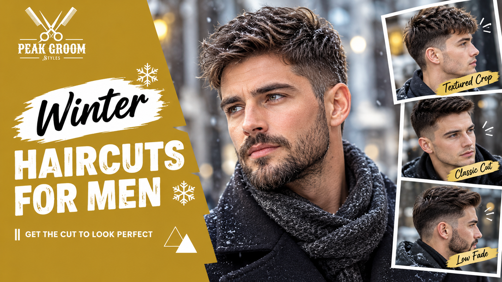 Winter haircuts for men featuring a textured crop, classic men's haircut, and low fade with thick, stylish hair and a modern winter look by Peak Groom.